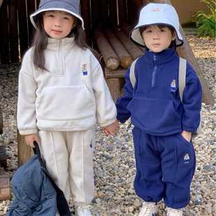 秋冬新款 韩版 儿童摇粒绒套装 卡通卫衣两件套男女童幼儿园保暖套装