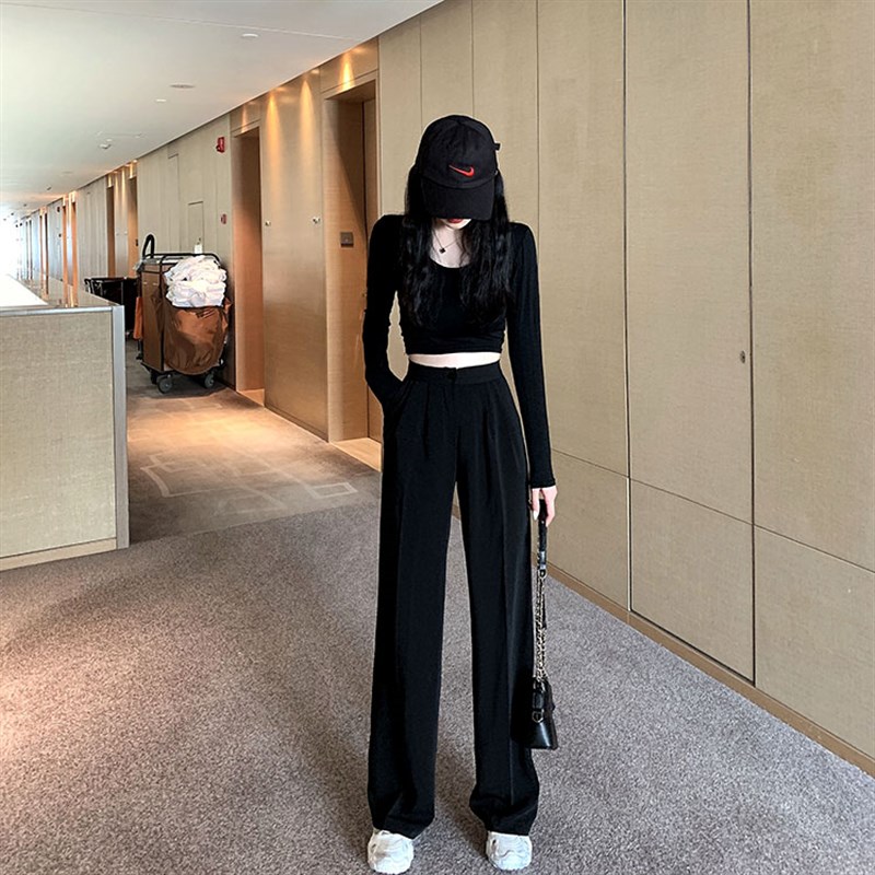超火cec阔腿裤女2024早春薄款高腰休闲裤坠感垂感宽松西装拖地裤