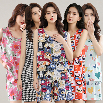 2025新款夏季女士无袖背心棉绸睡衣短裤两件套装吊带人造棉家居服