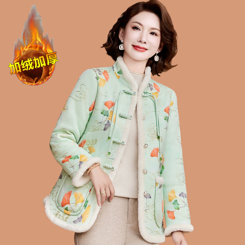 妈妈冬装新款国风小棉袄加绒棉服中老年女新中式复古盘扣棉衣外套