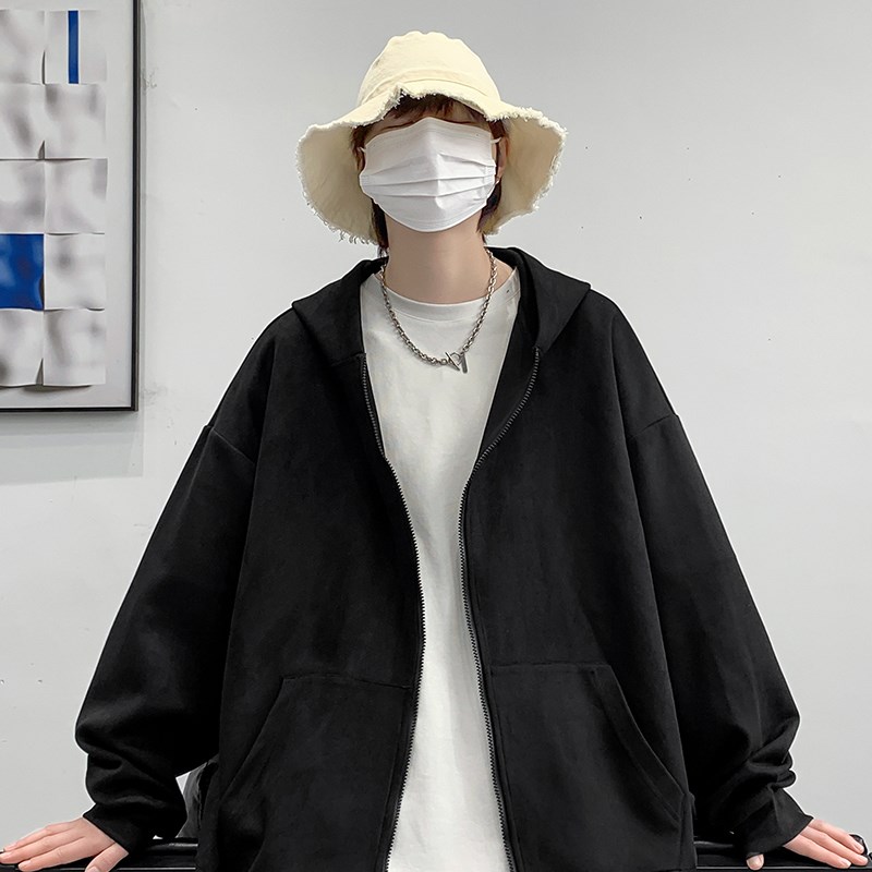 麂皮绒纯色连帽卫衣男士春秋季2024新款潮牌开衫拉链休闲外套上衣