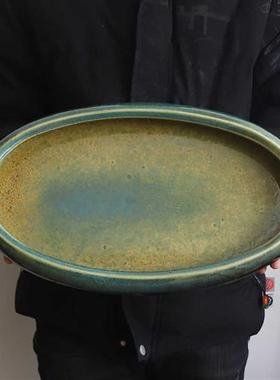 陶瓷手作写景椭圆窑变开片花盘墨蓝色的花器花道插花大盘禅意装饰