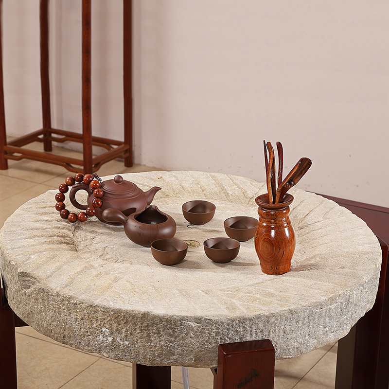 古老石磨小茶台红木茶桌功夫茶几实木仿古休闲户外阳台茶桌凳组合