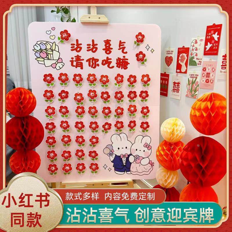 沾沾喜气请你吃糖kt板女方出阁宴布置电梯结婚告示喜糖迎宾签到台