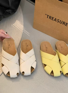 2025春季新款时尚百搭平底半拖鞋女外穿软底镂空包头一字拖鞋