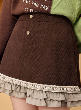 2025秋冬甜酷复古咖色钉珠花边短裤女灯芯绒裙裤女秋冬QD82726