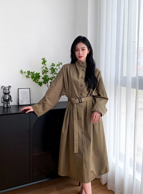 韩系复古收腰百搭设计感落肩袖纯色系带休闲法式气质风衣QD82096
