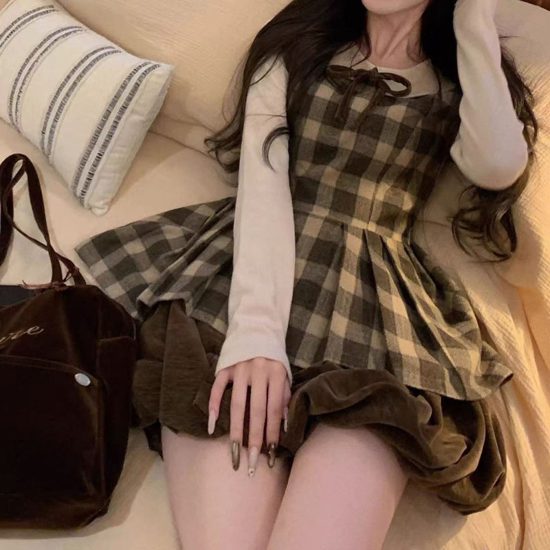 曲奇塔格子连衣裙女花苞秋冬毛呢连衣裙