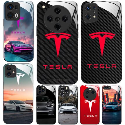玻璃手机壳适用OPPO FINDX8 PRO X7X6X5X3RENO13RPO12 11K12K11K10  特斯拉车图案