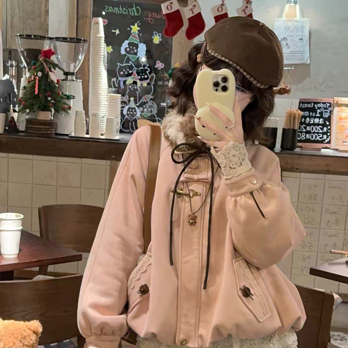 蝴蝶结毛领2026冬新款羽绒棉服女夹棉保暖复古学院风宽松花苞外套