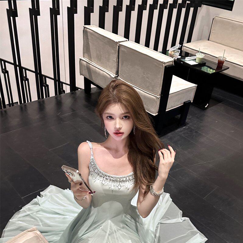 实拍 夏季大女主修身超仙儿水晶钻链网纱大摆吊带长款连衣裙子