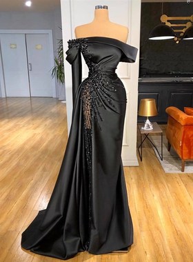 Yipeisha Off-shoulder Black Pageant Party Gown Luxury Pearls