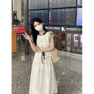 新款 衬衫 夏季 甜美中式 两件套上衣小飞袖 高腰显瘦半身裙香风套装