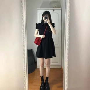 甜美风小个子小众木耳边连衣裙小飞袖 设计 黑色新款 字裙夏季