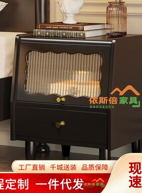 实木床头柜北欧复古玻璃黑色简约卧室收纳多功能小型床边柜带抽屉