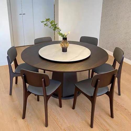 简约创意圆形家用饭桌北欧实木圆桌带转盘岩板圆餐桌饭店大圆桌子