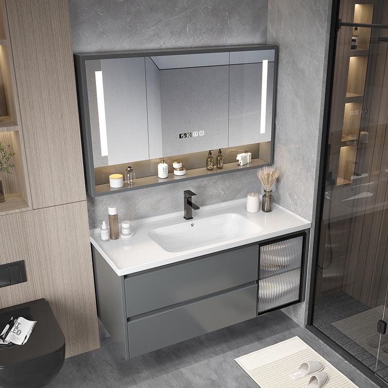 家用陶瓷一体盆卫生间实木洗漱台洗脸洗手灰色组合浴室柜挡水台面