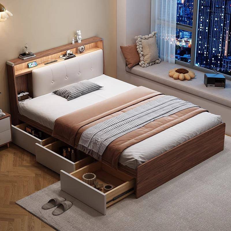 床现代简约1米2单人床小户型成人榻榻米收纳储物床北欧带灯高箱床