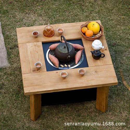 家用新中式实木方桌围炉桌阳台简易煮茶桌子家用复古烤火取暖桌