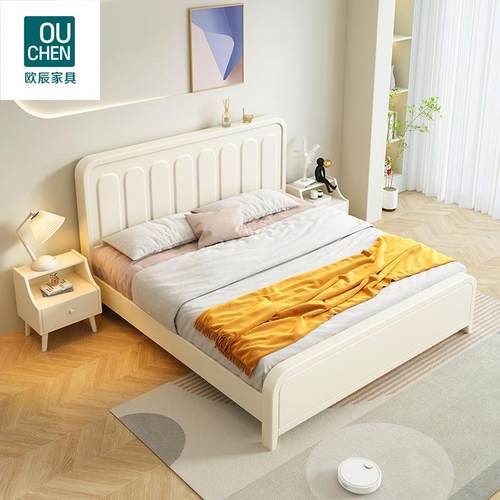 白色北欧实木床现代简约双人床1.8m1.5m复古贝壳床主卧储物结婚床