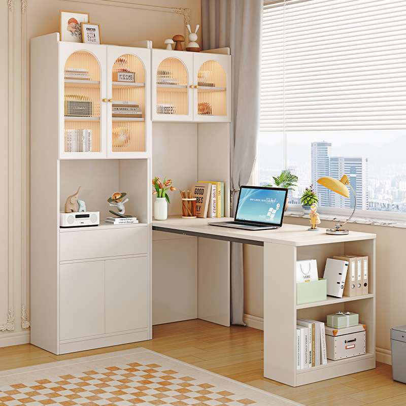 实木电脑桌家用小户型可折叠书桌书柜一体转角学习写字台书架组合