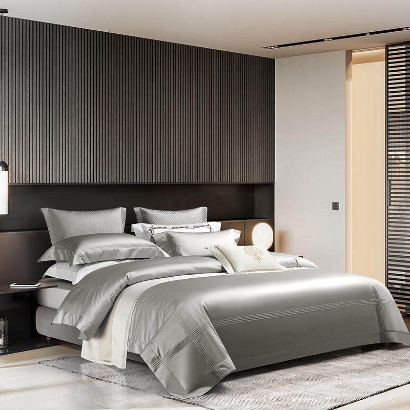 高端200支双股匹马棉床上用品四件套高定床品长绒棉被套床单灰色