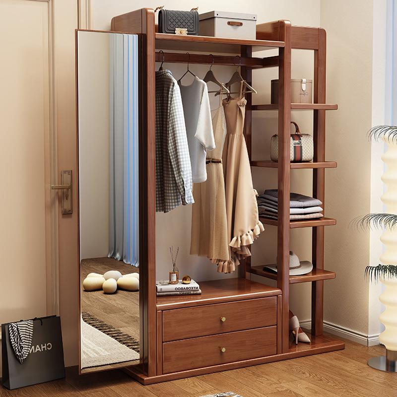 实木家用可旋转带穿衣镜衣帽架小户型卧室新中式落地多功能挂衣架
