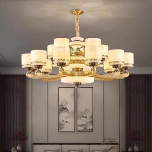 新中式客厅吊灯全铜木艺高端大气实木主灯复式楼别墅餐厅中山灯具