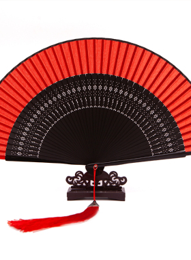 7寸23厘米红色舞蹈大扇子中国风汉服旗袍折扇古典纯色竹扇跳舞扇
