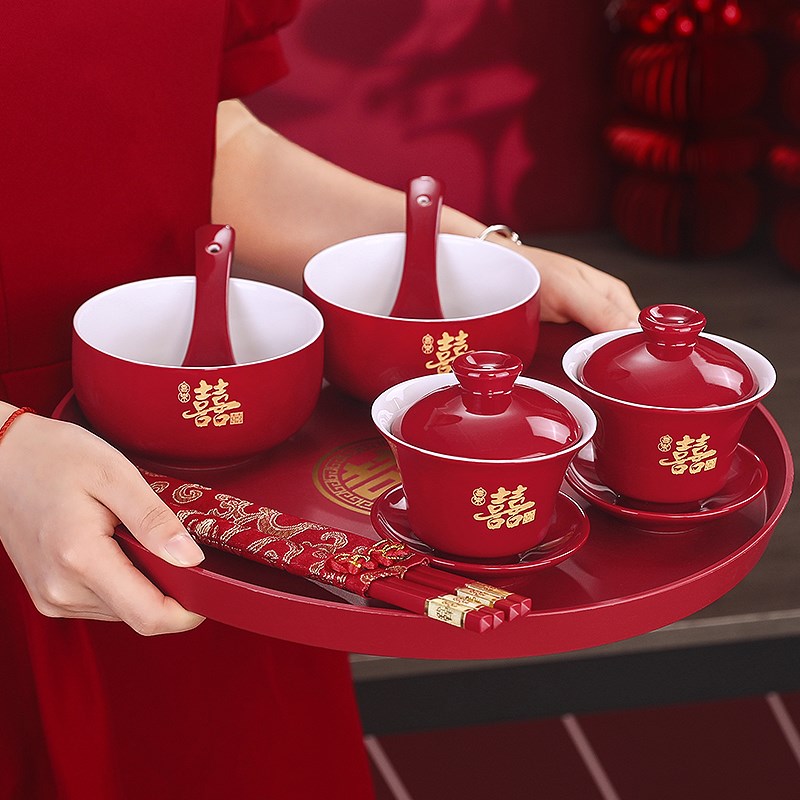 敬茶杯子结婚喜碗婚礼改口一对红色敬酒茶杯碗筷套装家用2024新款