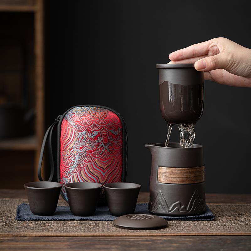 紫砂旅行茶具小套装便携式功夫茶具精致高档快客杯户外旅游泡茶壶