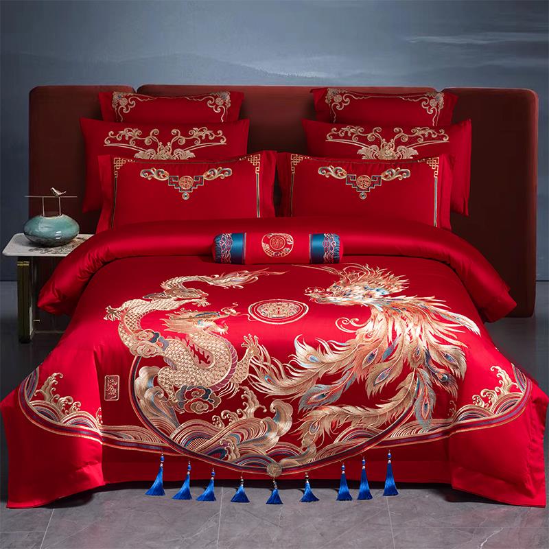 140支婚庆四件组全棉刺绣大红色婚房龙凤结婚高档新婚房床上用品4
