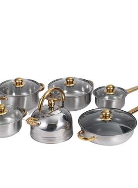 不锈钢不粘锅具套装外贸商务pots三件套厂家新款烹饪炊具12件