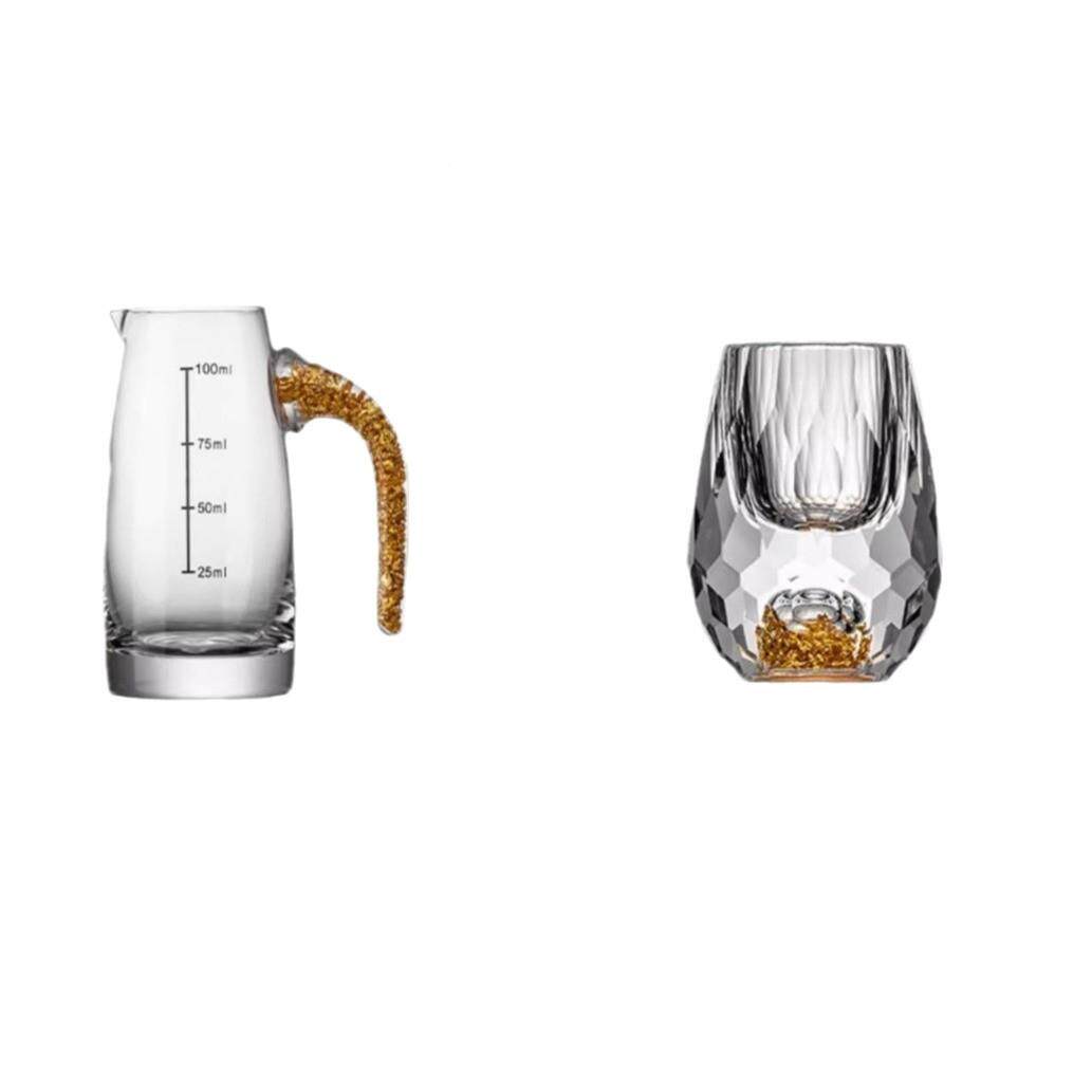 金箔水晶酒切面白酒杯套装玻璃一国口杯度刻带把分器杯架装白酒杯