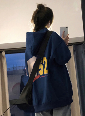 速发蓝色连风卫衣202新款爆款秋冬慵松加绒加厚宽懒帽大码美式上