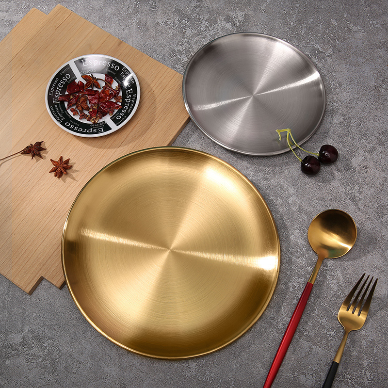 速发韩式金色圆盘托盘盘用家锈钢果盘餐不烧烤吐骨碟浅盘子菜碟子