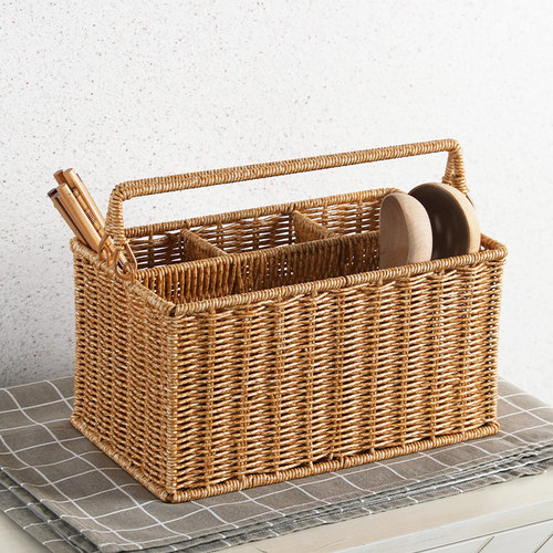 速发手味源桂提工具篮仿藤编户外野餐调味瓶理叉分格收纳篮杂物整