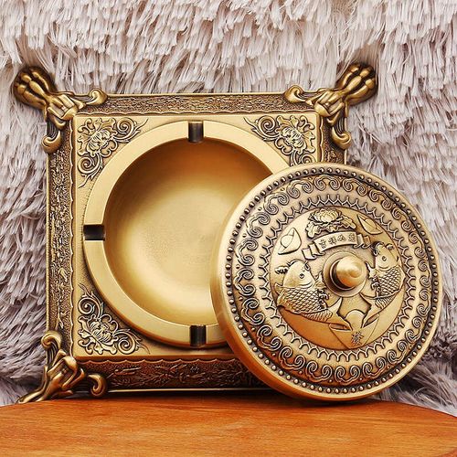 速发中式复古梅兰菊竹烟灰缸双鱼带盖黄铜烟缸客厅办公室桌面装饰