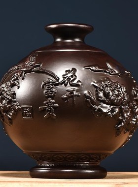 速发黑檀木雕刻花开富贵花瓶摆件喜上眉梢礼居客装插花厅饰工艺家