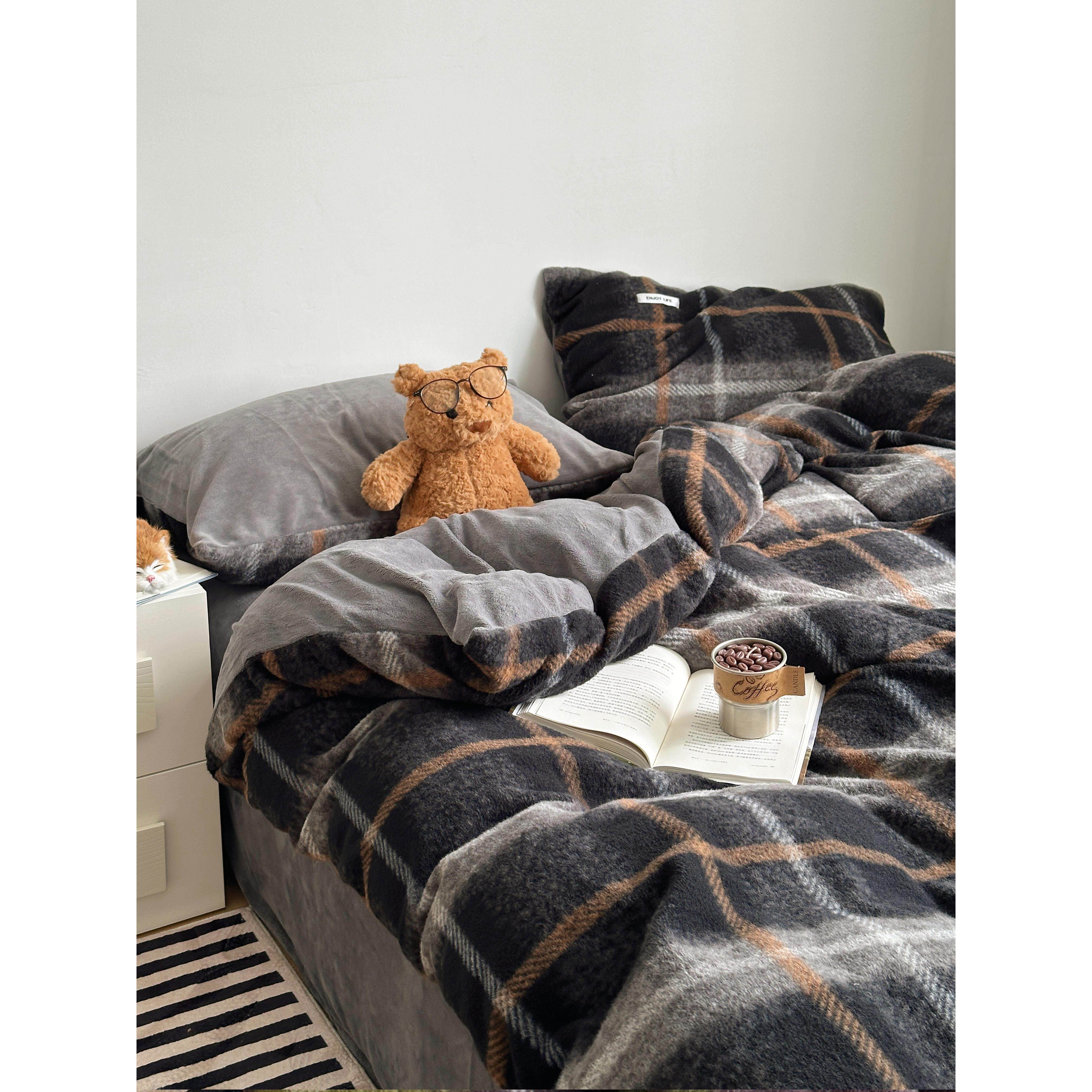 查令十字街/秋冬覆古英伦格子牛奶绒四件套彷羊毛绒被套床单床品