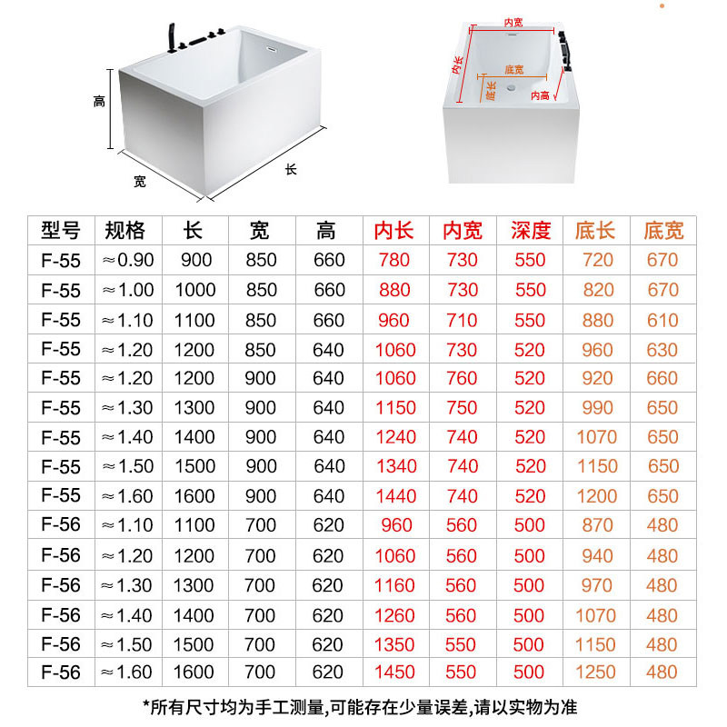 家用浴缸小户型尺寸定制贴合墙壁0.83-1.6米全尺寸定制