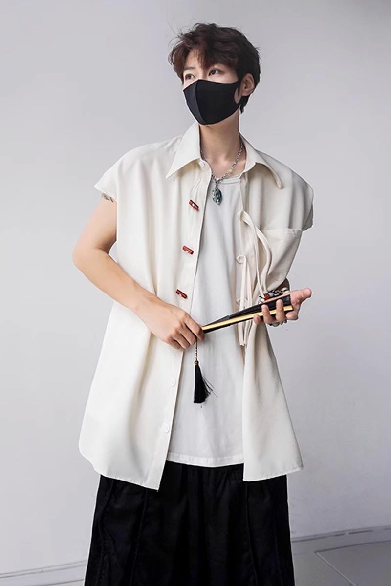白檀新中式国风小众休闲时尚上衣无性别翻领盘扣设计夏季无袖衬衫