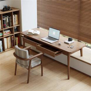 严选全实木卧室电脑桌台式简约飘窗书桌家用长条写字桌带抽屉桌子