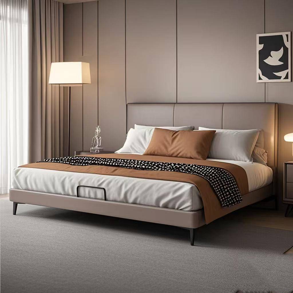 真皮床小户型主卧齐边超薄床头可调节双人床1米8现代简约软包婚床