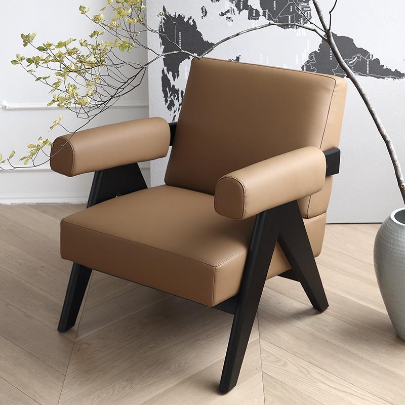 北欧中古风实木休闲椅客厅阳台卧室设计师诧寂风带扶手单人沙发椅