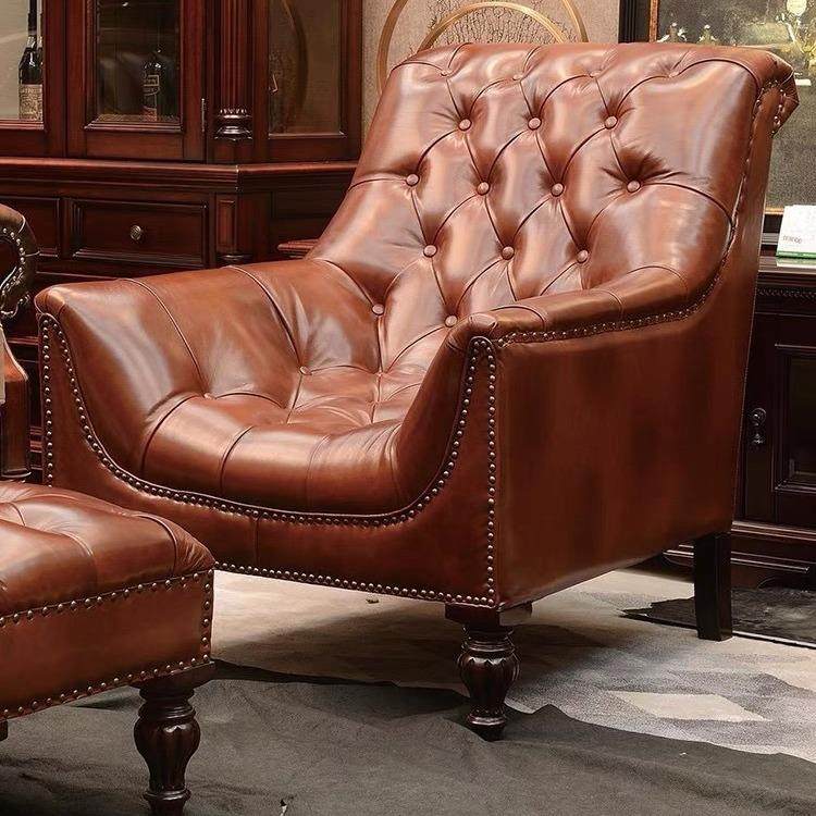 美式乡村实木真皮复古沙发客厅皮艺拉扣老虎椅卧室休闲单人沙发
