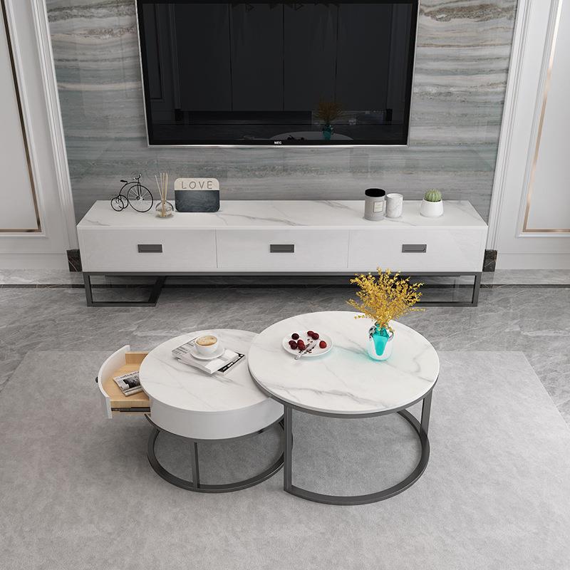 北欧电视柜茶几组合套装简约现代客厅小户型岩板大小圆收纳柜茶几
