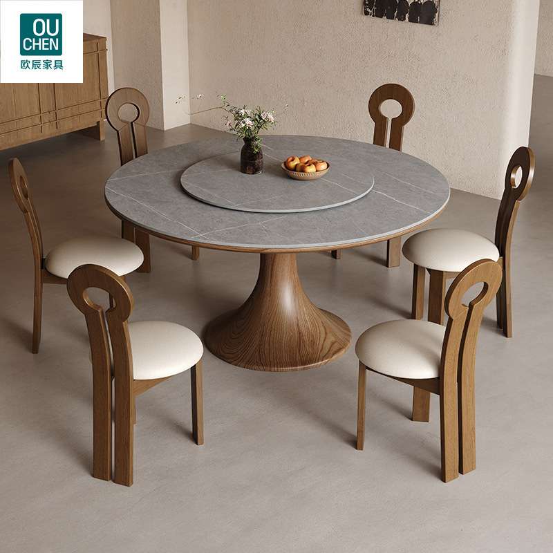 中古风小蛮腰全实木圆餐桌椅组合带转盘家用胡桃色复古小户型饭桌