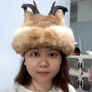 鄂伦春族狍角帽工艺品真皮动物兔马毛收藏纪念品摆件旅游拍摄道具