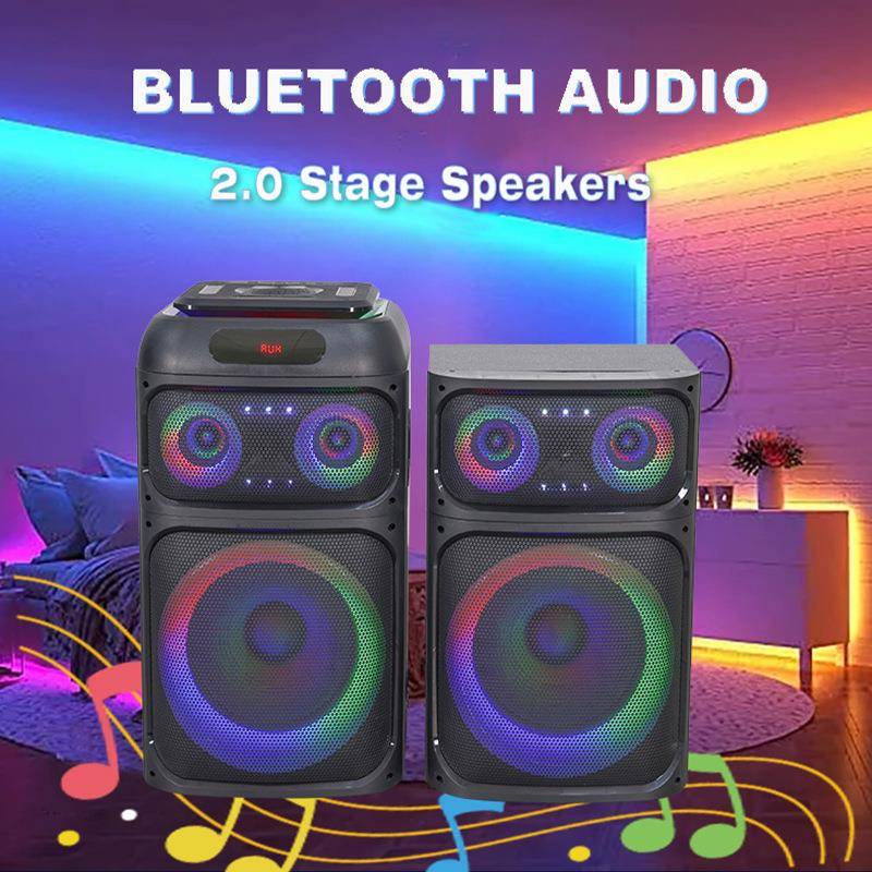 有源2.0舞台音箱卡拉OK低音扬声器双12英寸LED爆闪灯木质音箱